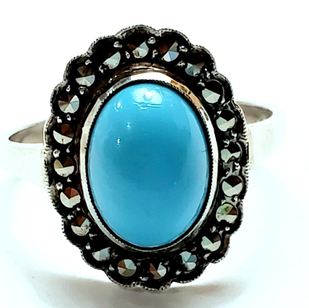 Vtg Sterling Turquoise & Marcasite Halo Ring Sz 8